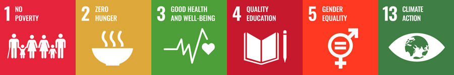 UN Tiles of six Sustainable Development Goals: SDG#1 No Poverty; SDG#2 Zero Hunger; SDG#3 Good Health and Well-Being; SDG#4 Quality Education; SDG#5 Gender Equality; SDG#13 Climate Action
